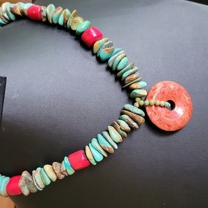 Boho Turquoise and Red Coral Necklace with Natural Stone Disc Pend…